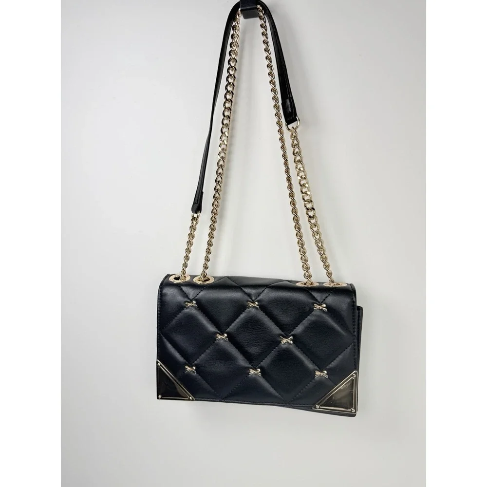 ALDO Quilted Crossbody Bag Black Gold Chain‎ Strap Shoulder Purse One Size